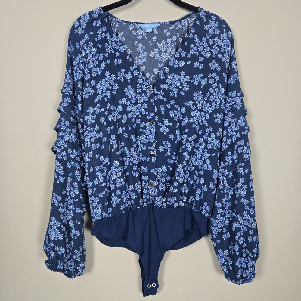 Draper James Womens Floral Long Sleeve Bodysuit Large Blue Ruffle Peasant Boho